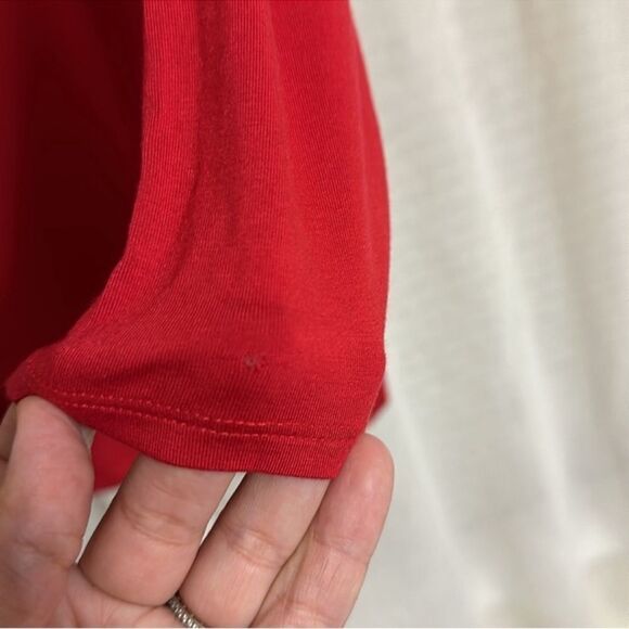 cable & gauge L Red Black Faux Leather Trim Crew Lightweight Quarter Sleeve Top - Picture 9 of 14